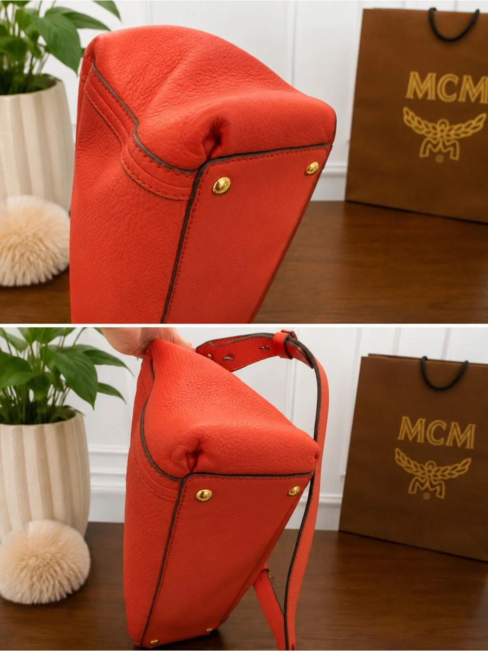 MCM Coral Pebbled Leather Turn Lock Satchel Shoulder Bag Authenticated